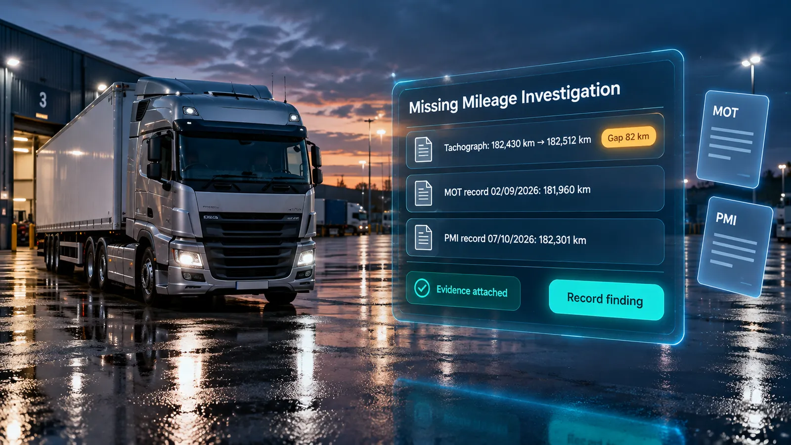 Missing mileage investigation comparing tachograph, MOT and PMI mileage records