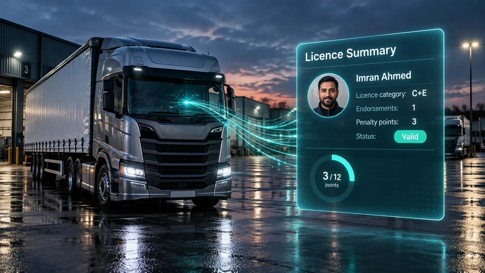 Licence summary for a driver: licence category, endorsements, penalty points and a valid status