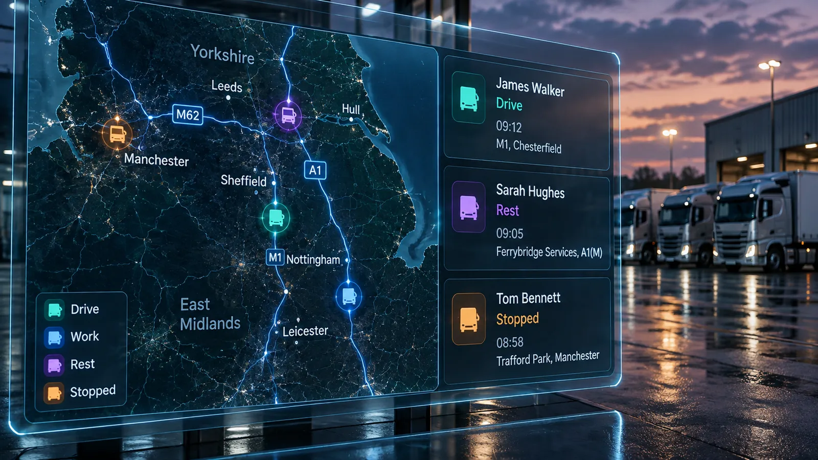 Live map of the East Midlands with drivers' positions and drive, rest and stopped status