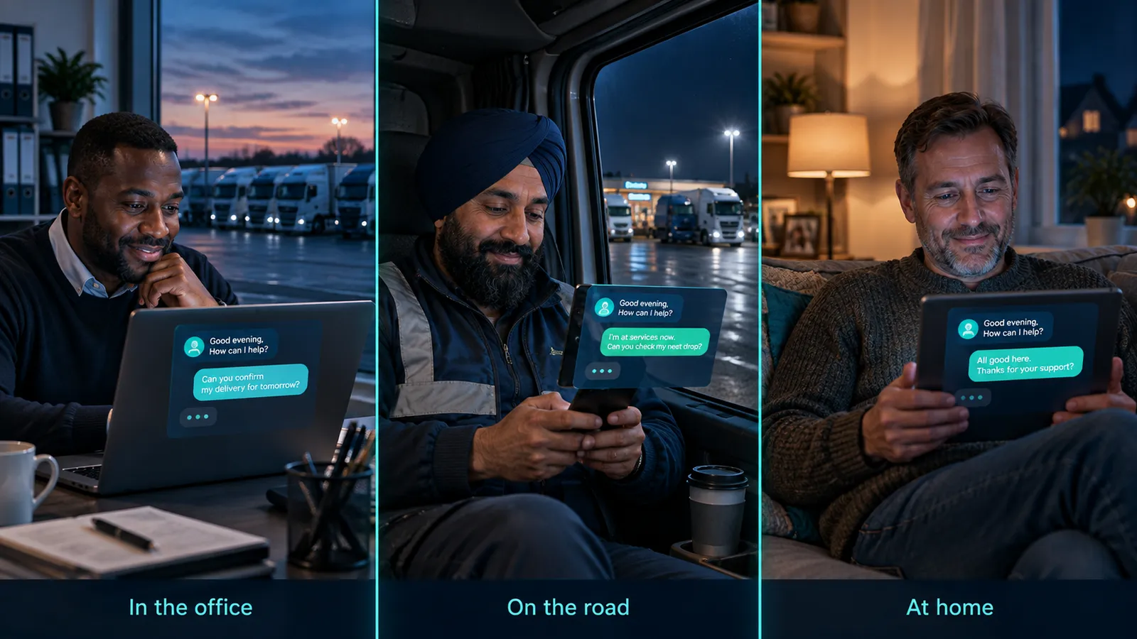 Customers chatting with support in the office, on the road and at home