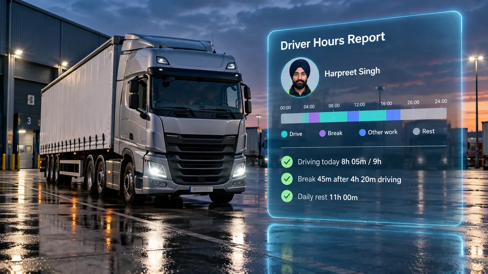 Driver hours report for a driver: today's driving, breaks and daily rest