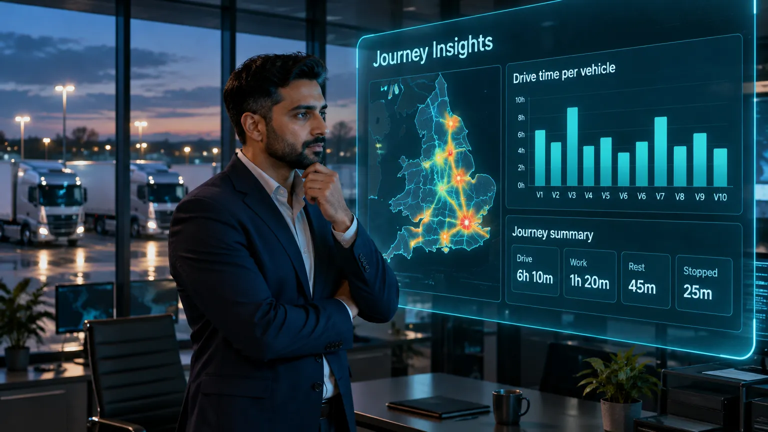 Fleet manager reviewing journey insights: drive time per vehicle and a journey summary