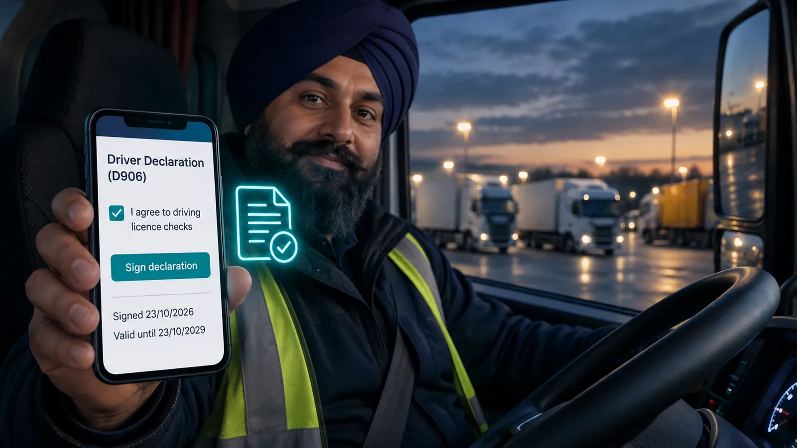Driver in a lorry cab holding a phone showing a signed D906 driver declaration