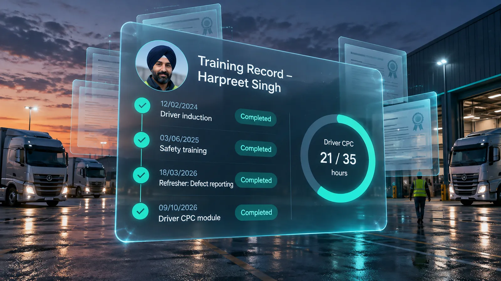 Driver training record with induction, safety training, refresher and Driver CPC hours completed