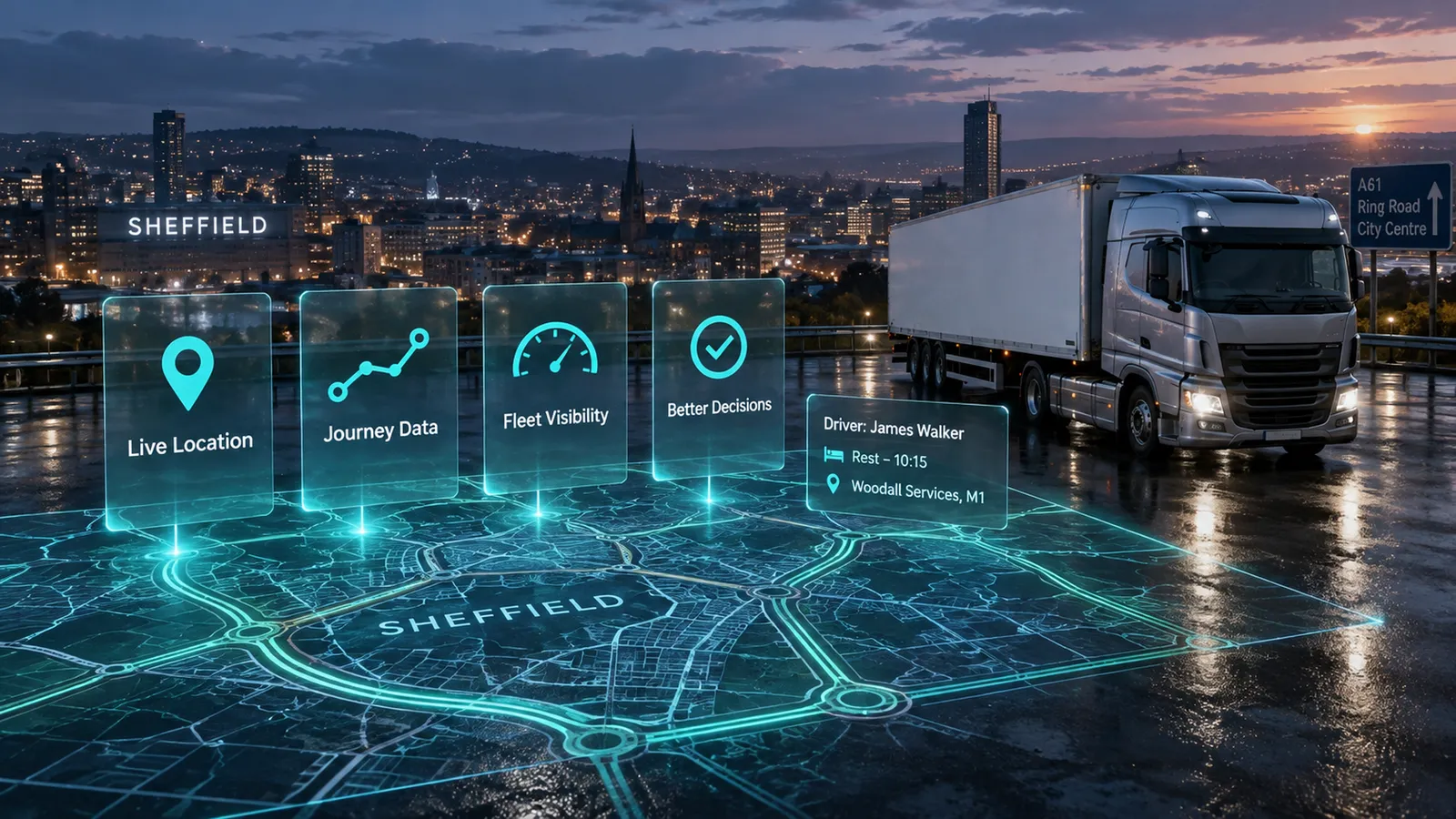 Live location, journey data, fleet visibility and better decisions shown over a map of Sheffield