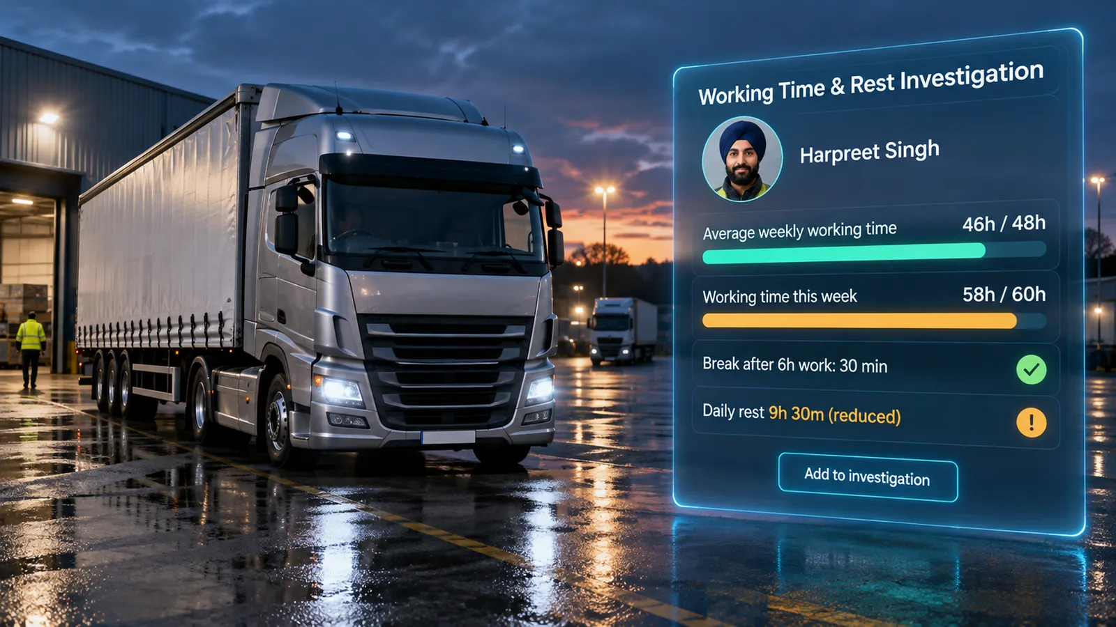 Working time and rest investigation for a driver: weekly working time, breaks and daily rest