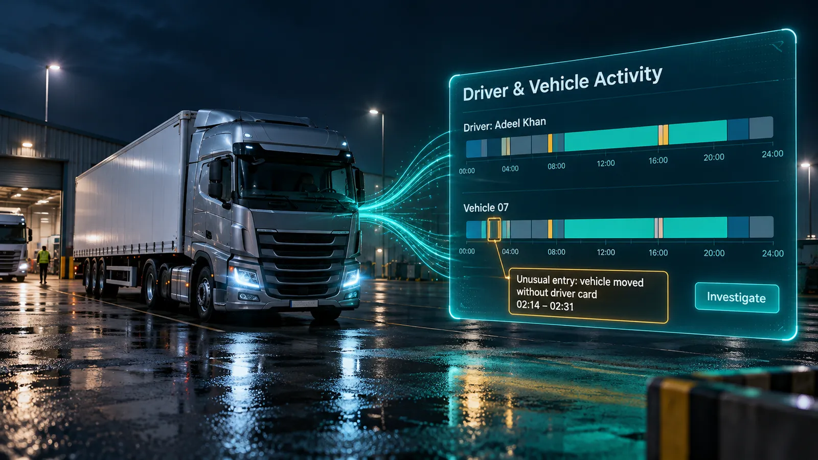 Driver and vehicle activity timelines with an unusual entry flagged to investigate