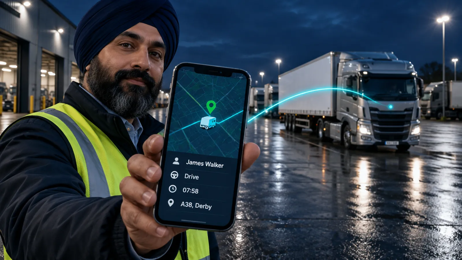 Driver in hi-vis holding a phone showing the TecHGV tracking app beside his lorry