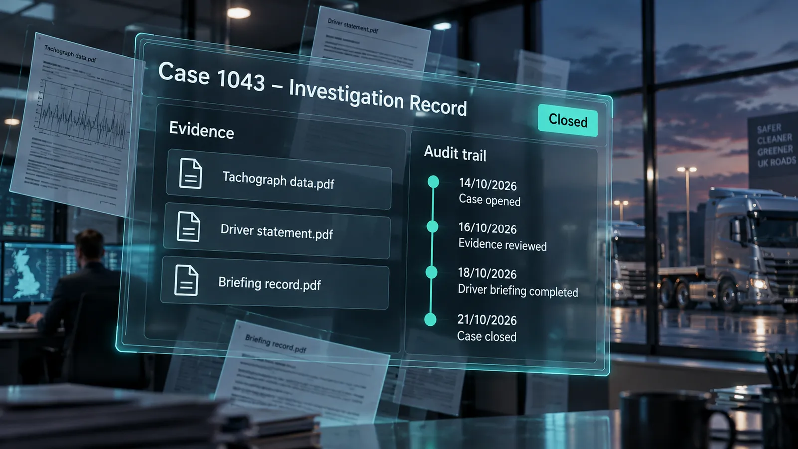 Closed investigation record with evidence files and an audit trail