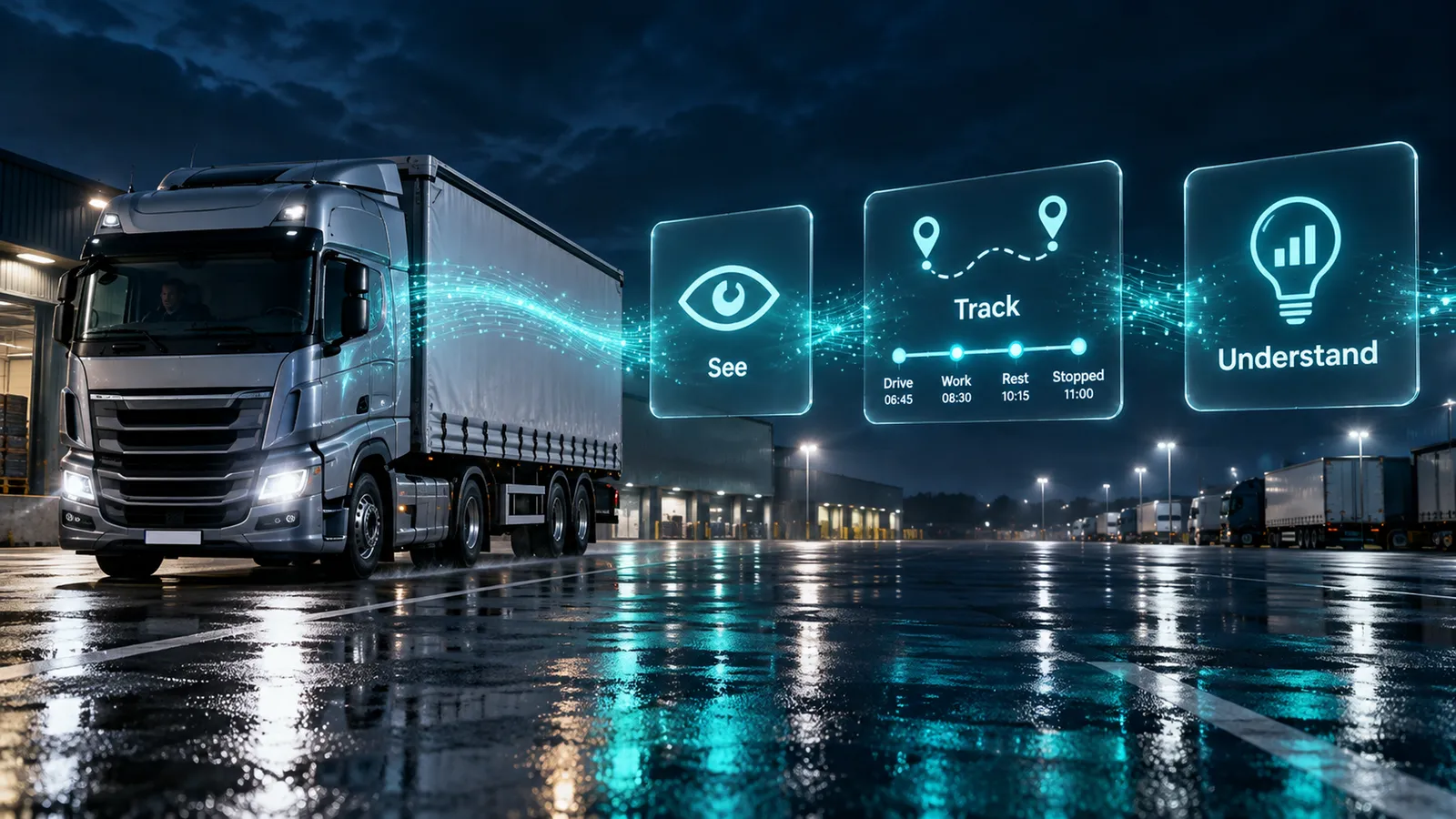 Lorry at night with see, track and understand panels