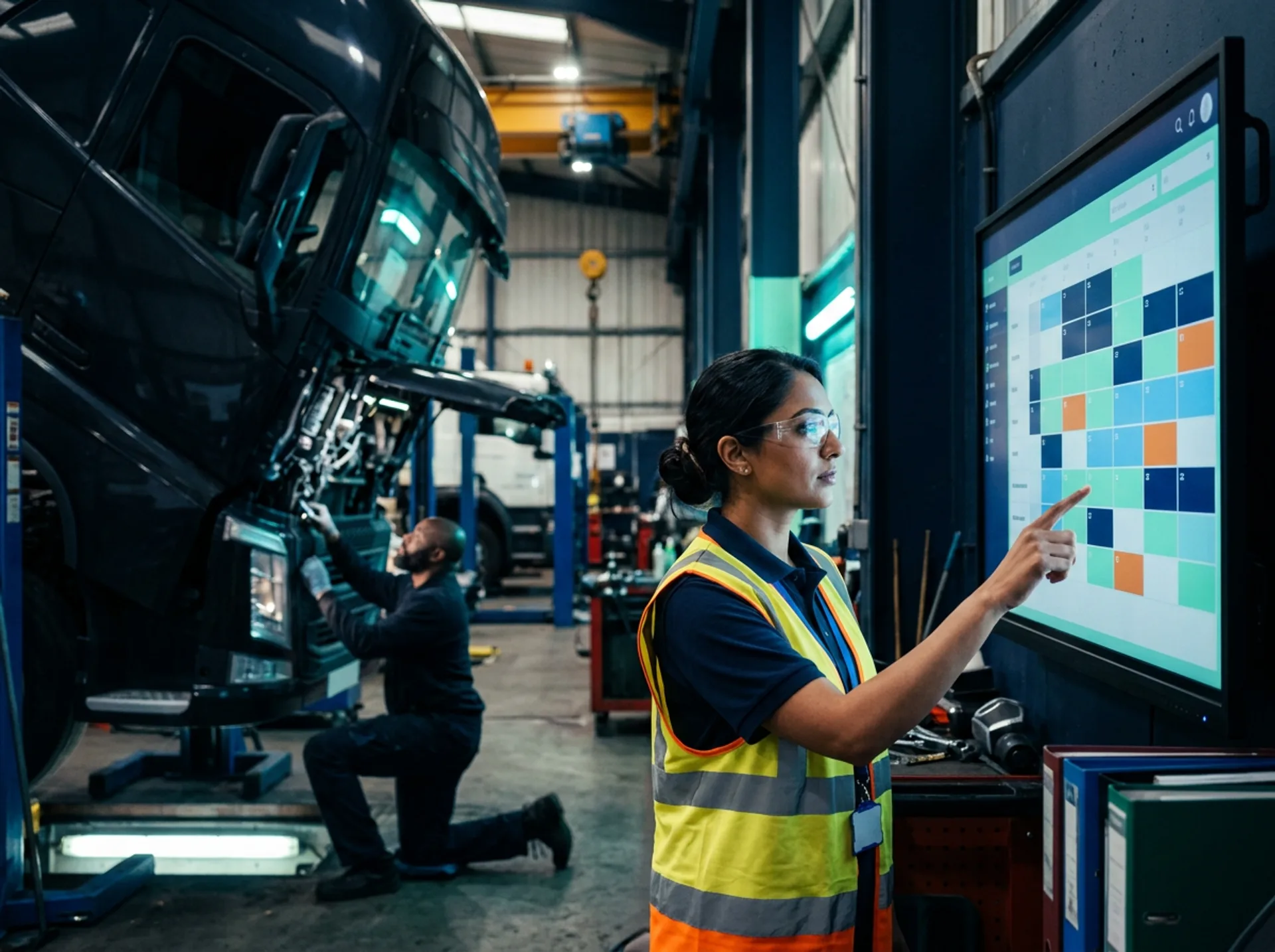 Workshop planner scheduling lorry maintenance on a calendar screen while a mechanic works on a vehicle behind