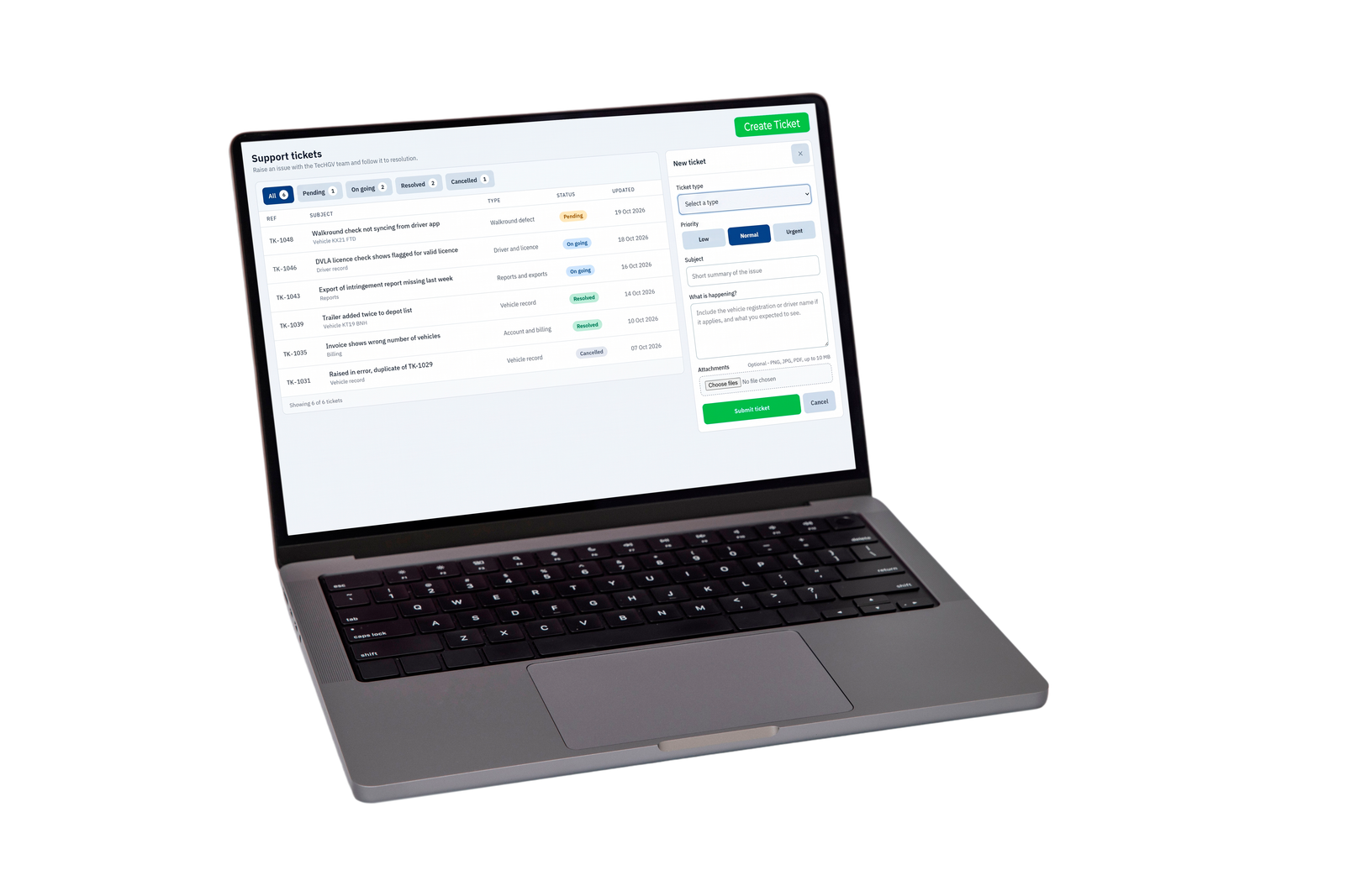 TecHGV support tickets dashboard on a laptop