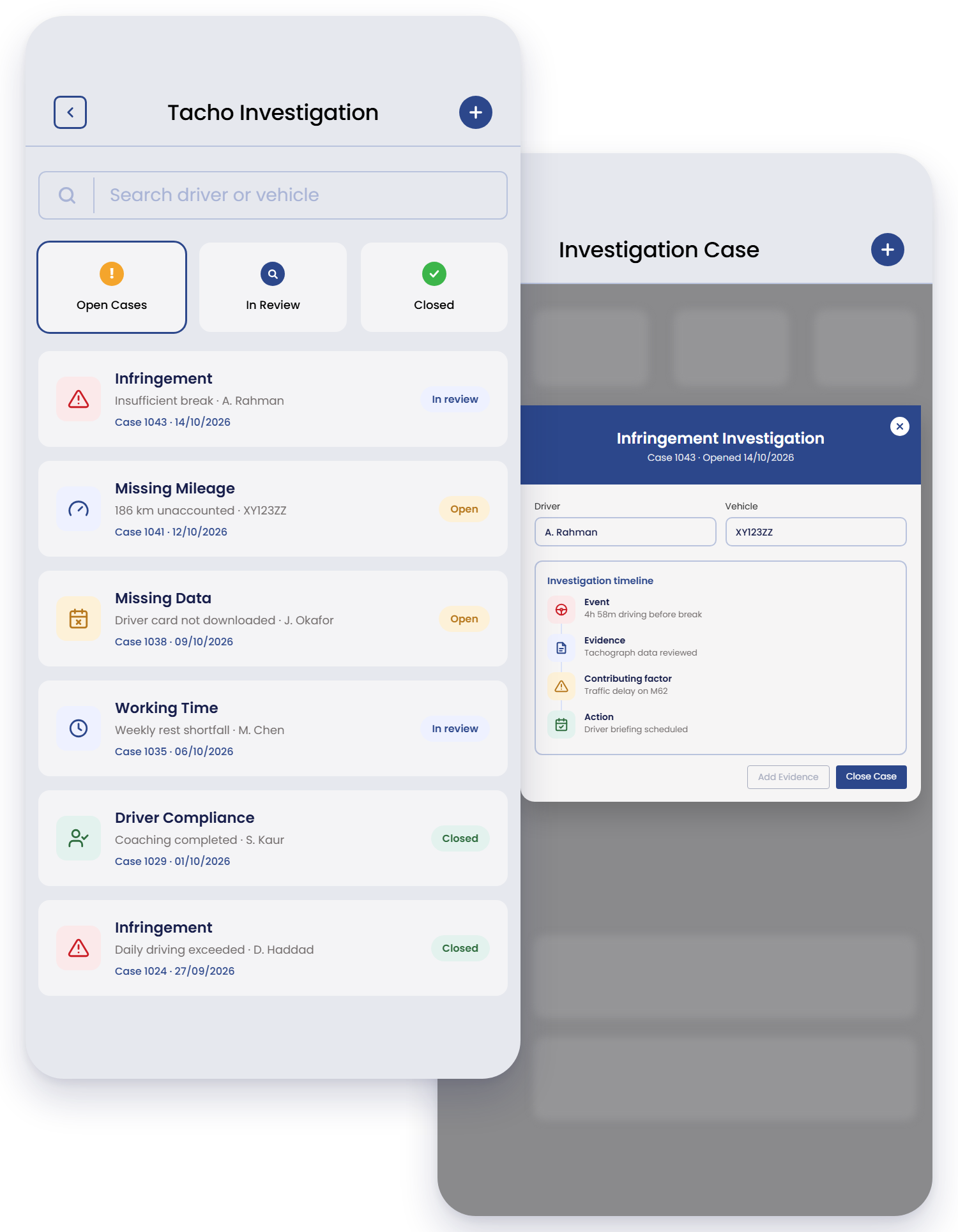 TecHGV app: the tacho investigation case list and an infringement case timeline
