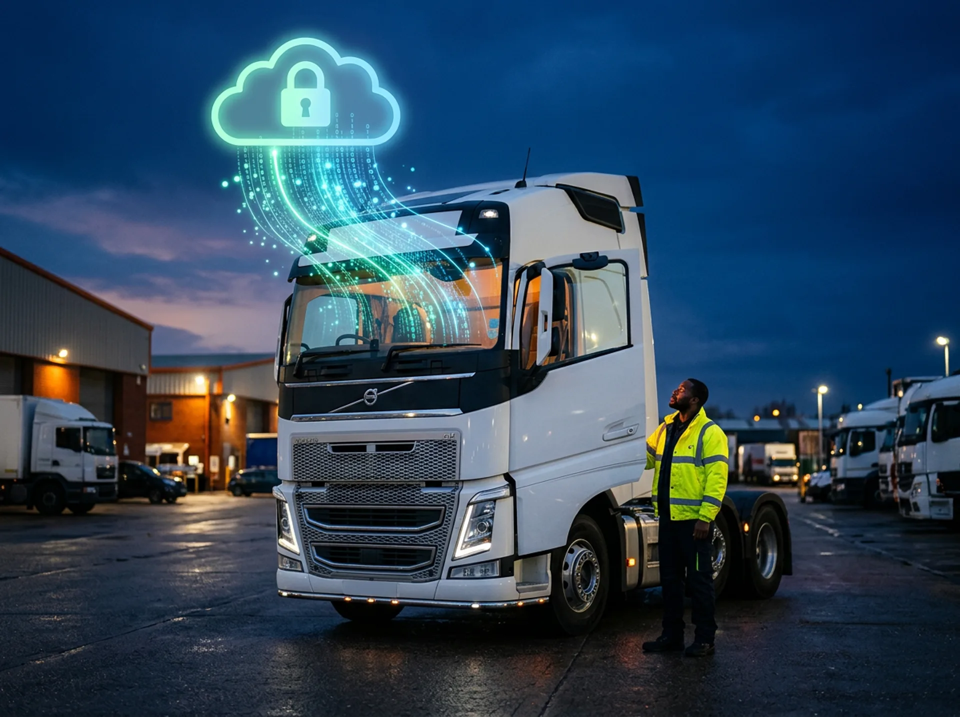 Tachograph data uploading from a lorry to secure cloud storage, shown as glowing data streams