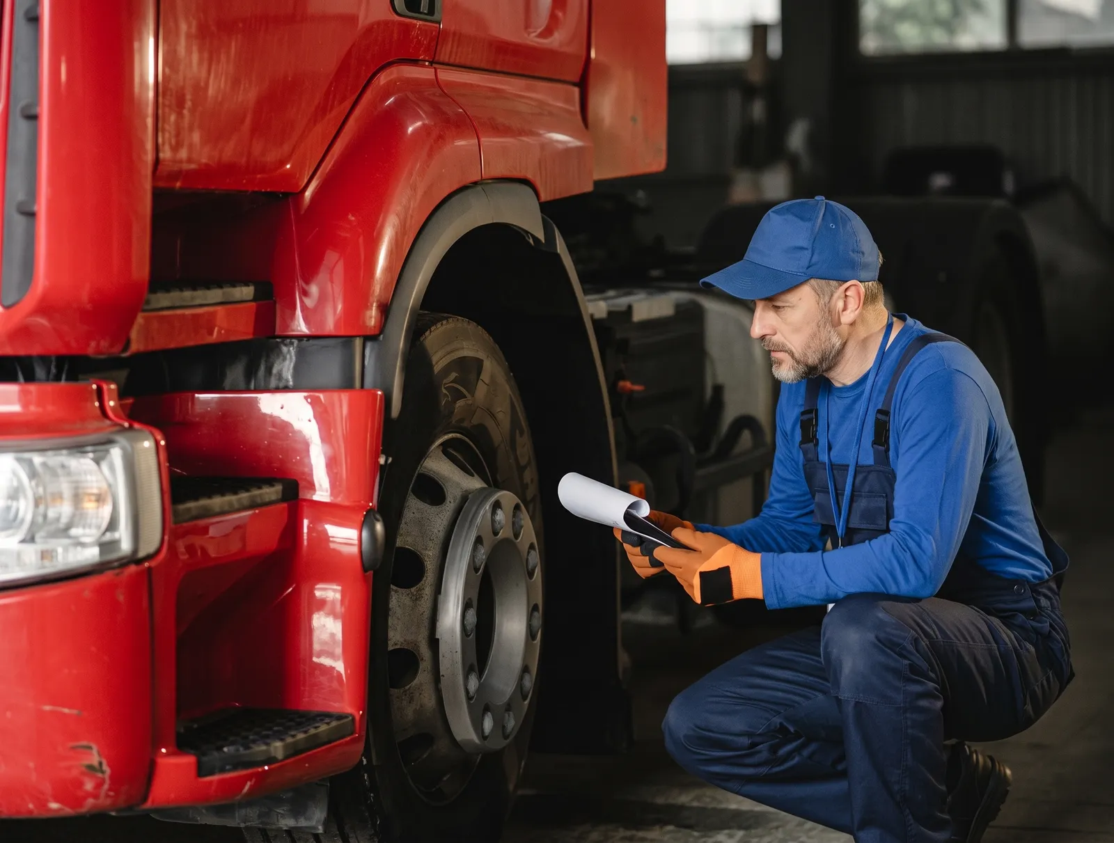 HGV driver doing a daily walkaround check of a lorry with a checklist on a smartphone
